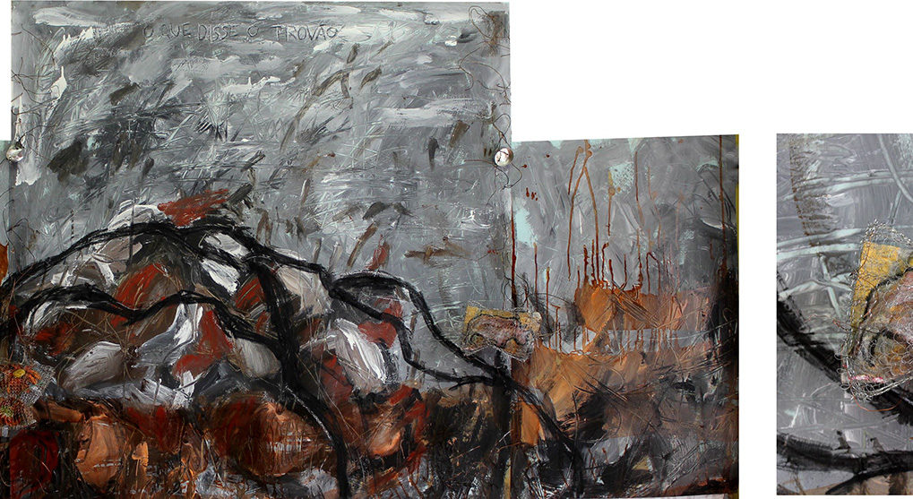 O Que disse o Trovão
serie Waste Land / Eliot – V
esmalte, acrílico, carvão, goma-laca, poliéster, fio de cobre, alumínio, flores de plástico, desenho sobre entretela
101 x 192 cm 2013